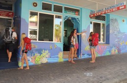Can't miss the the Reef Lodge Backpackers with the brightly painted mural. We are only 500+ meters from the beach, ferry terminal and city center.